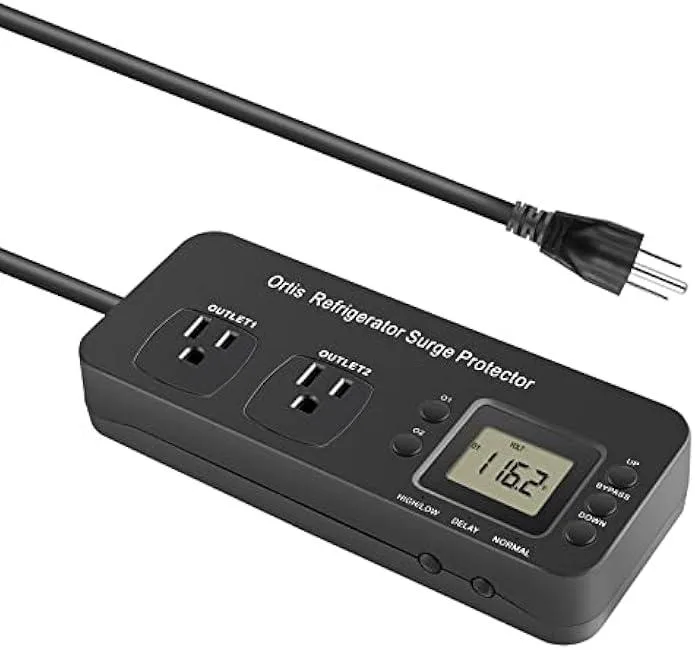 White rectangular surge protector with two front outlets, digital display and indicator lights