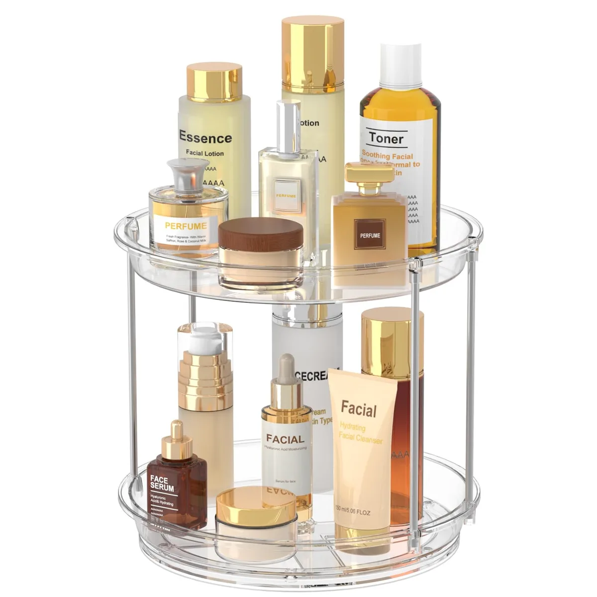 Clear glossy two-tier rotating organizer, 9 inch diameter, 8.2 inch height