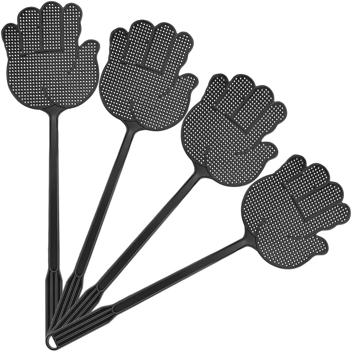 Four black plastic fly swatters with long handles and palm-shaped heads
