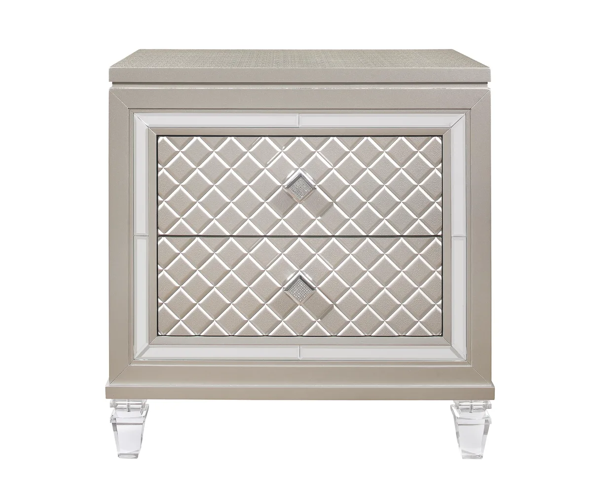 Champagne nightstand with acrylic front legs, jewel hardware and mirror accents
