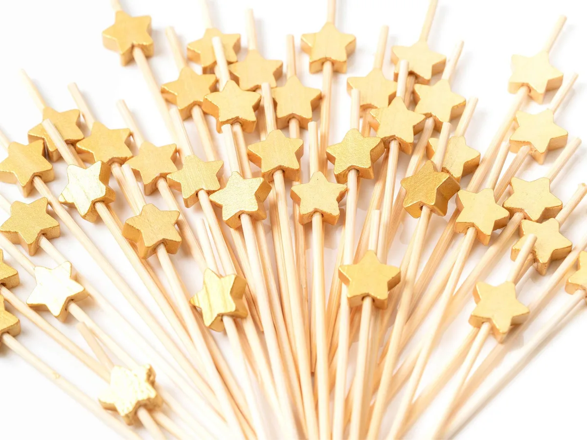 100 bamboo cocktail picks with matt gold star ends 4.7 inch length