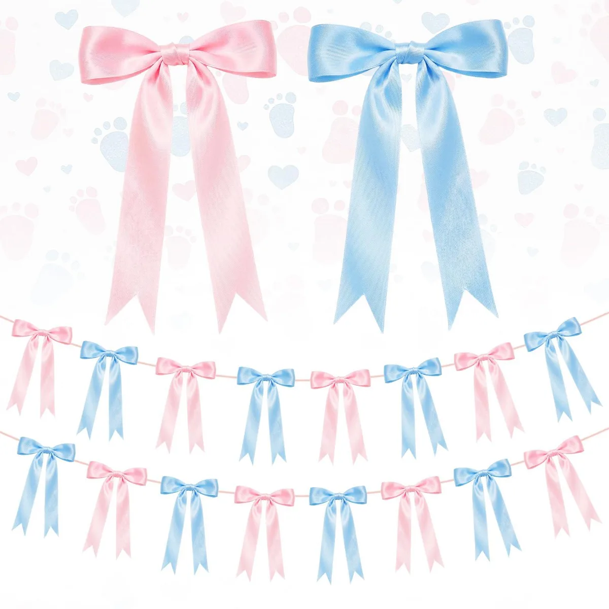  Baby Pink &amp; Blue Bow Garland Banner Decorations 16Pcs 6.7ft 9.5inch — product photo