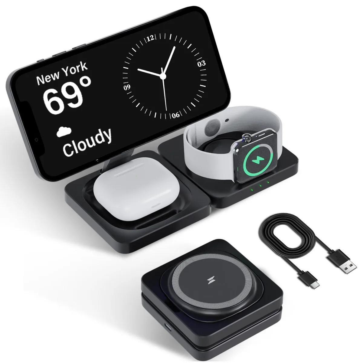 Sigerio Sigerio 3-in-1 Wireless Charger Black iPhone 12-16 AirPods iWatch — product photo