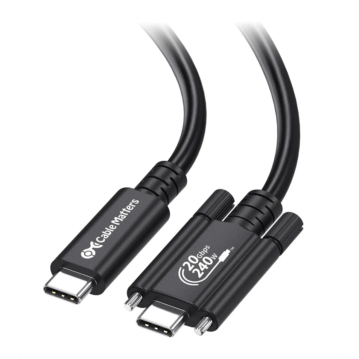 Black USB-C cable with side screw locks, 6.6ft