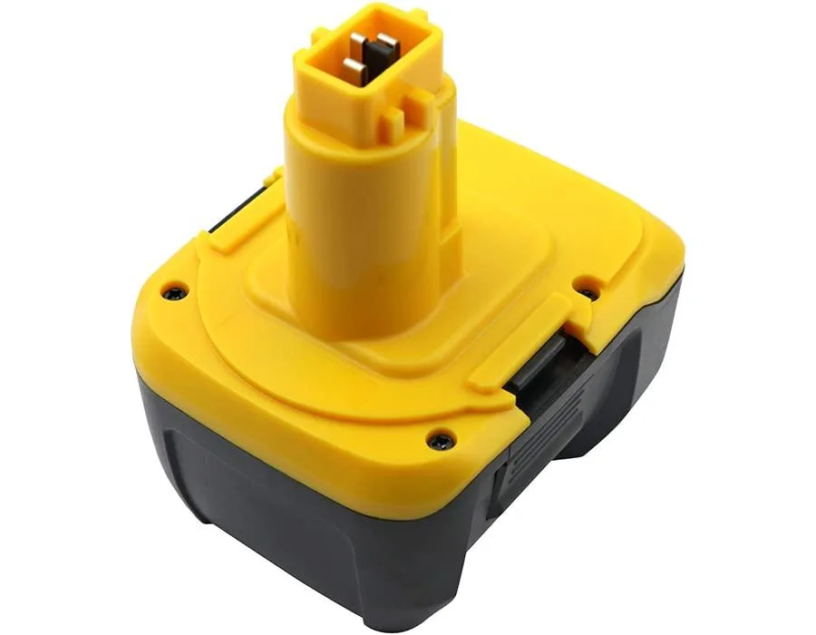 Rectangular black power-tool battery with label and contacts