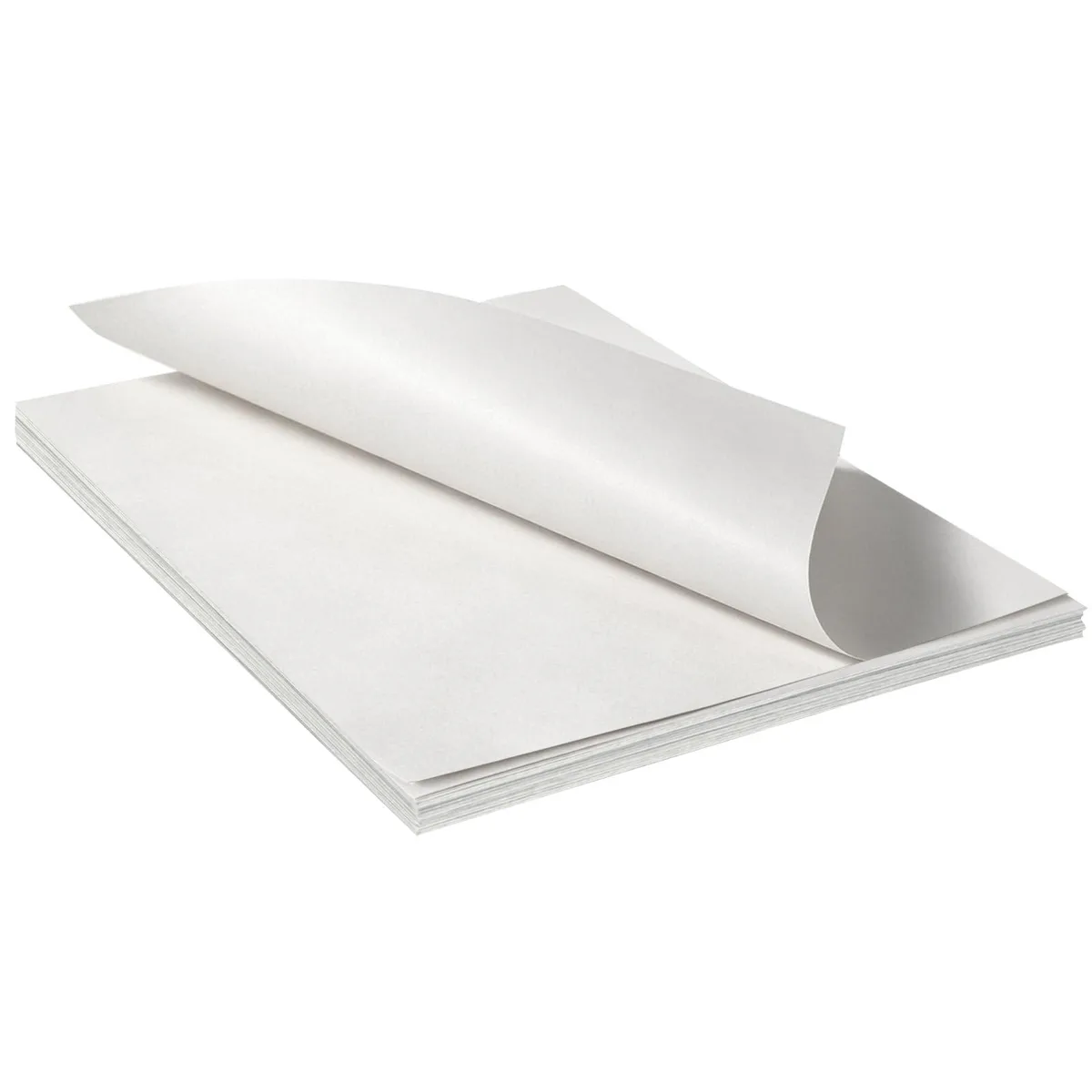 Folded stack of white uncoated newsprint paper sheets 14.5 by 11 inches