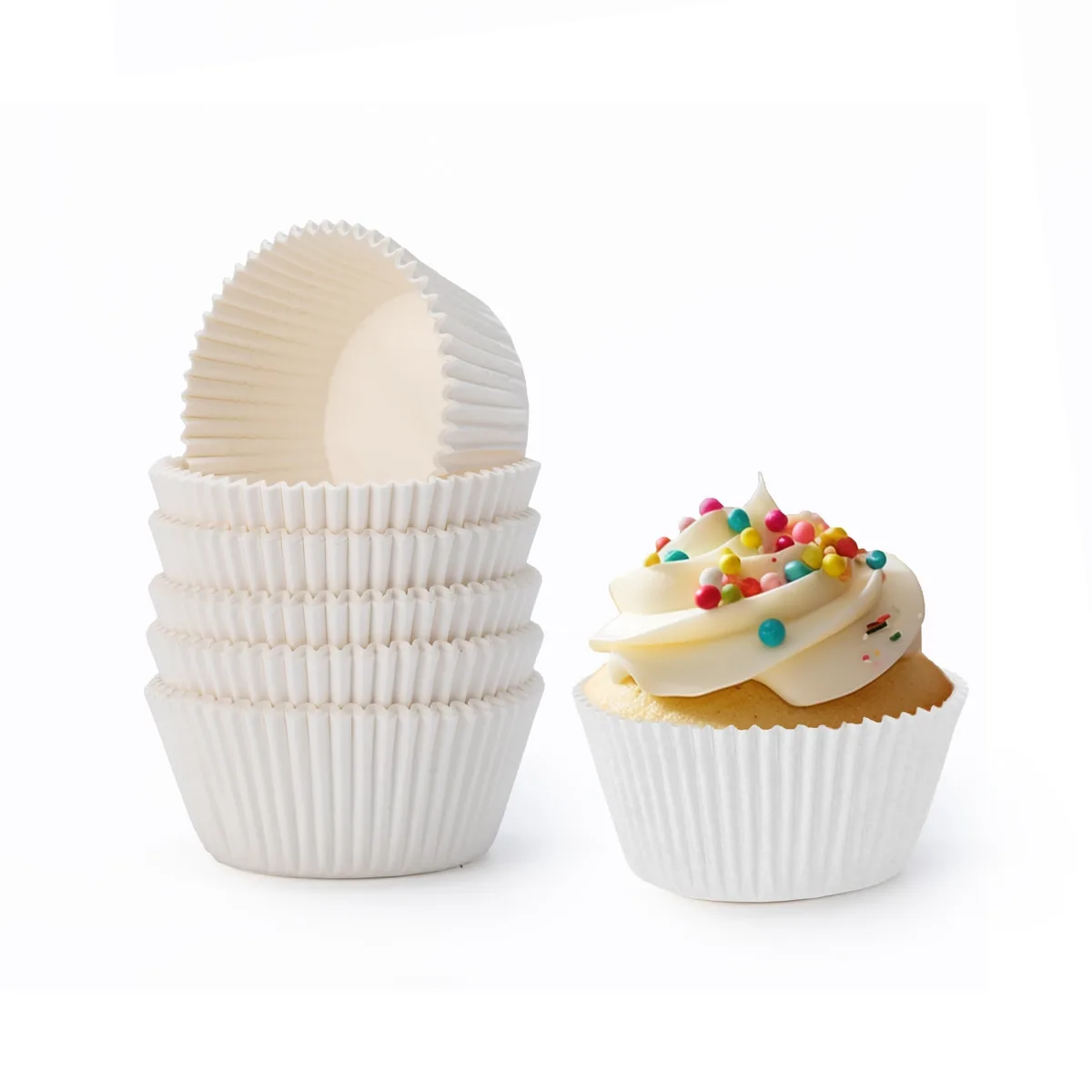 Stack of 500 white greaseproof paper mini baking cups, 1.38 inch base, 1.89 inch top, .9 inch high