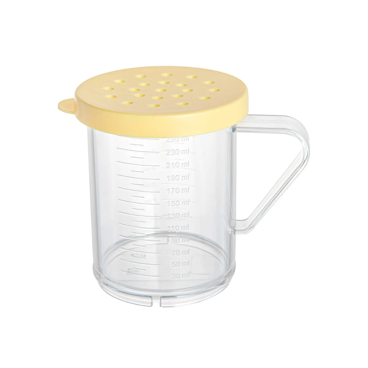 Clear rectangular plastic shaker with yellow coarse lid, 10 oz capacity