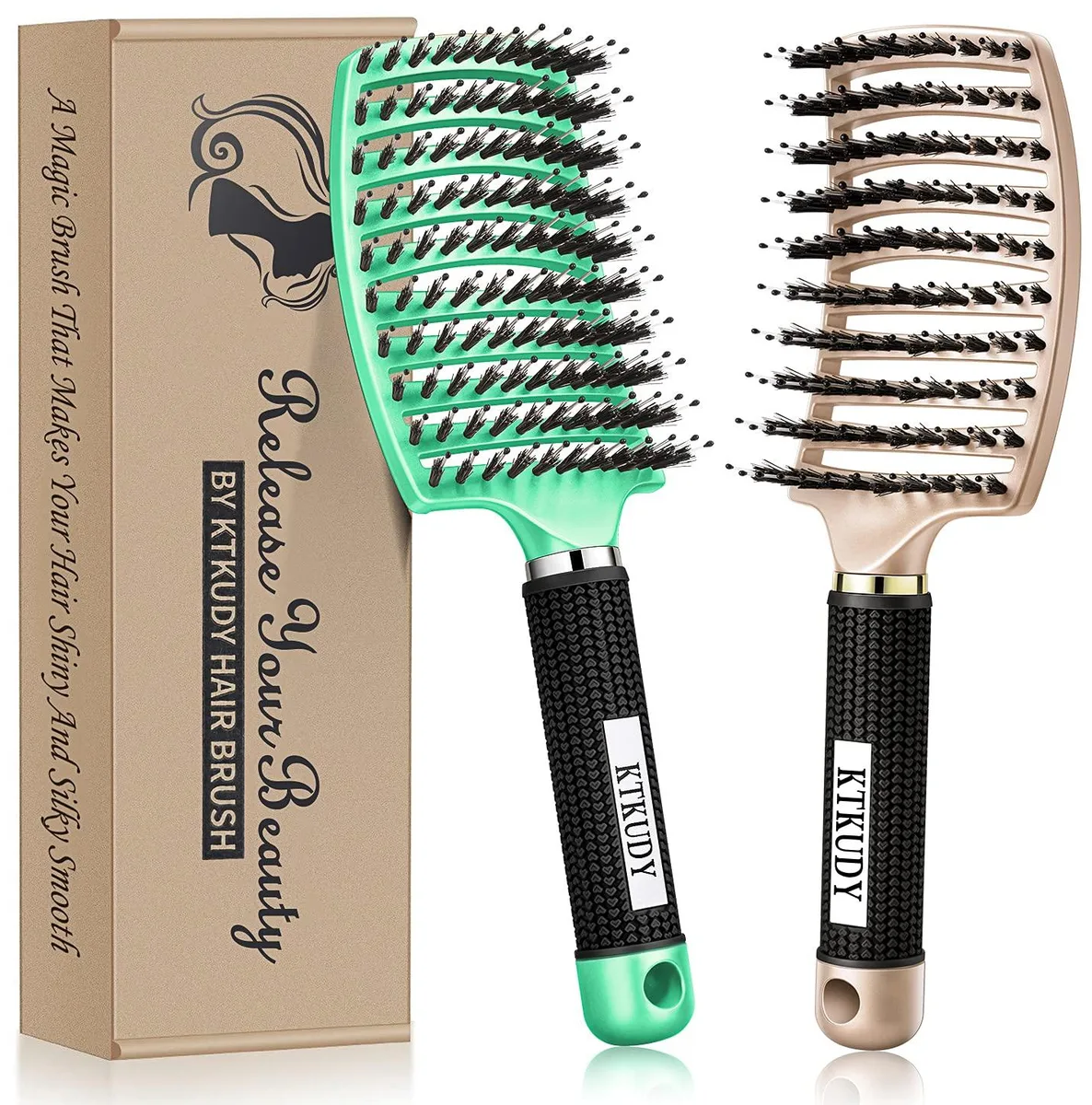Two curved vented detangling brushes with boar bristles and non-slip handles