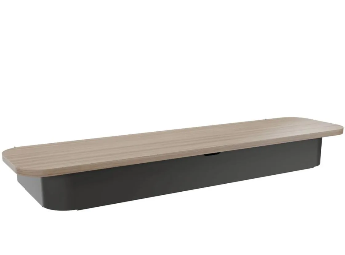 Black rectangular wood shelf, 30 by 10.5 by 4 inches, height-adjustable, 25 lb capacity