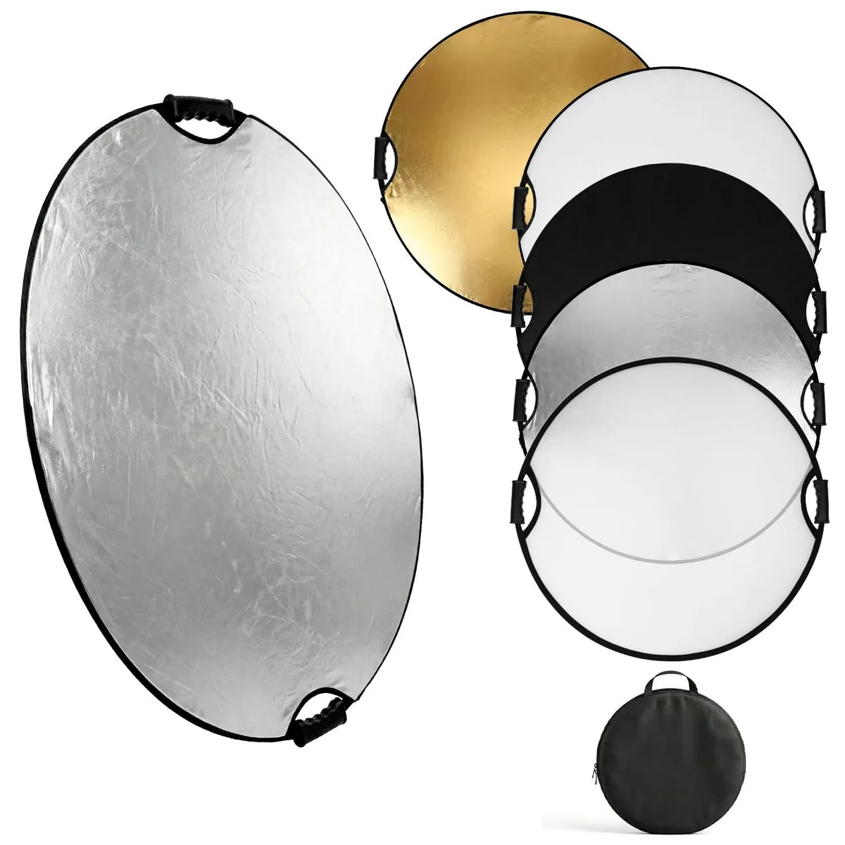 Round 32-inch collapsible reflector disc with five coloured panels and carry case