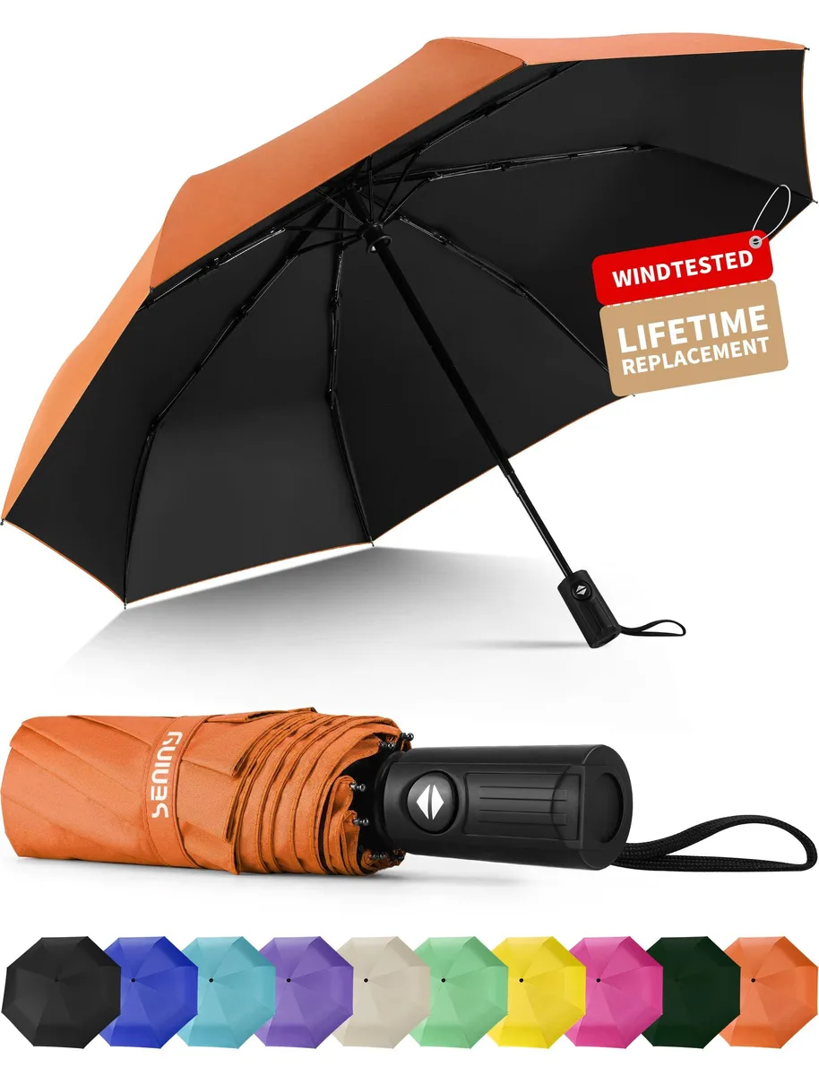 Seniny Windproof Travel Umbrella Auto Open Orange 38" 12" .78 lbs — product photo