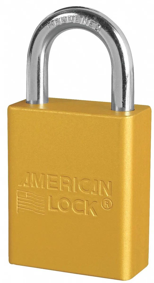 Three yellow anodised aluminium padlocks with steel shackles
