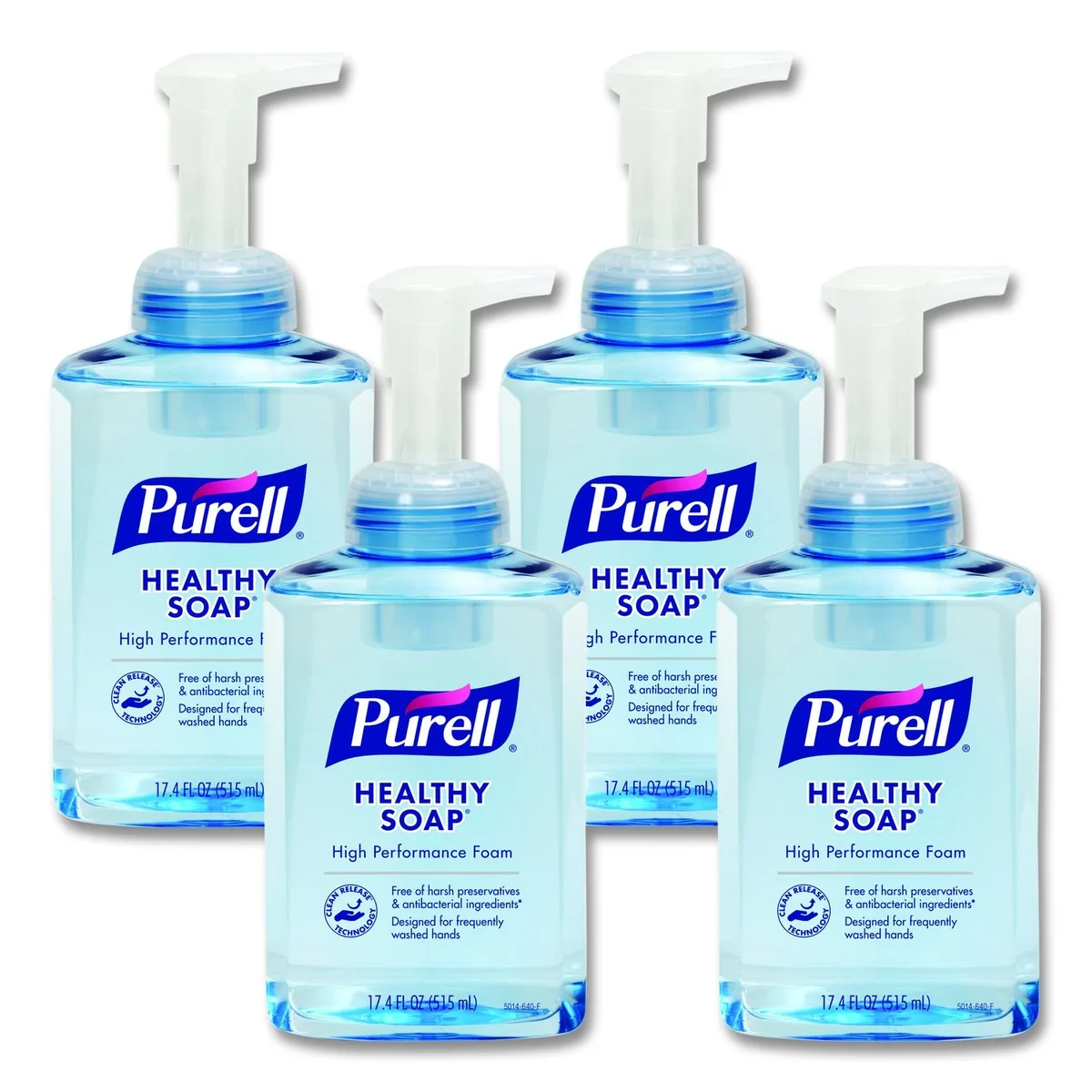 Four clear pump bottles of fresh-scented foam soap, 515 mL each