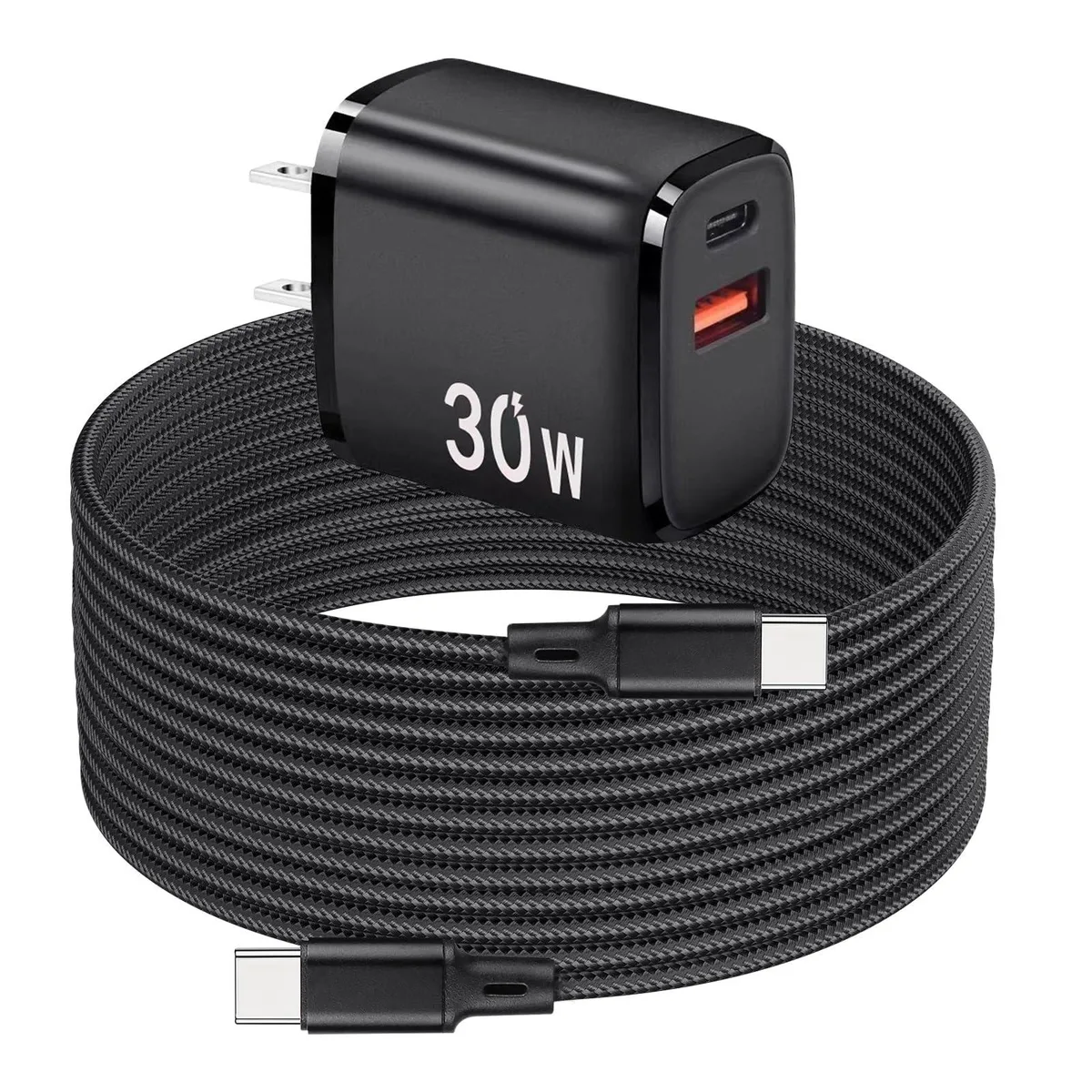 Black dual-port USB wall charger with 6.6ft braided USB-C to USB-C cable