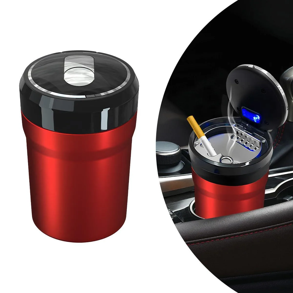Red cylindrical ashtray with lid, fits cup holders