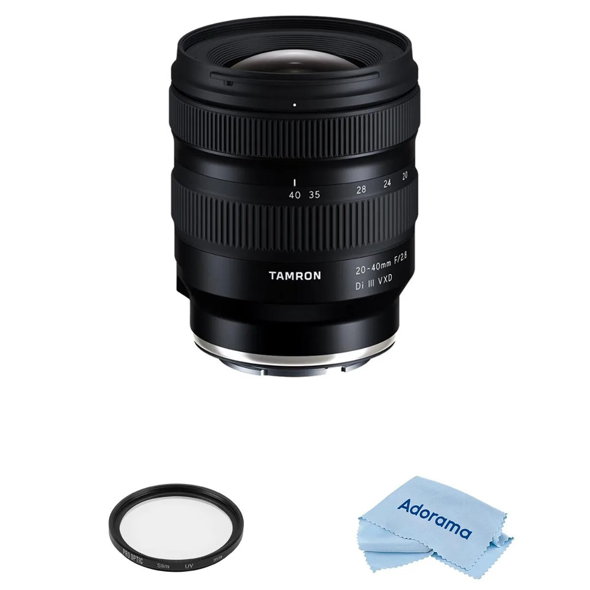 Tamron Tamron 20-40mm f/2.8 Di III VXD Sony E camera lens bundle with 67mm UV filter and microfiber cleaning cloth — product photo
