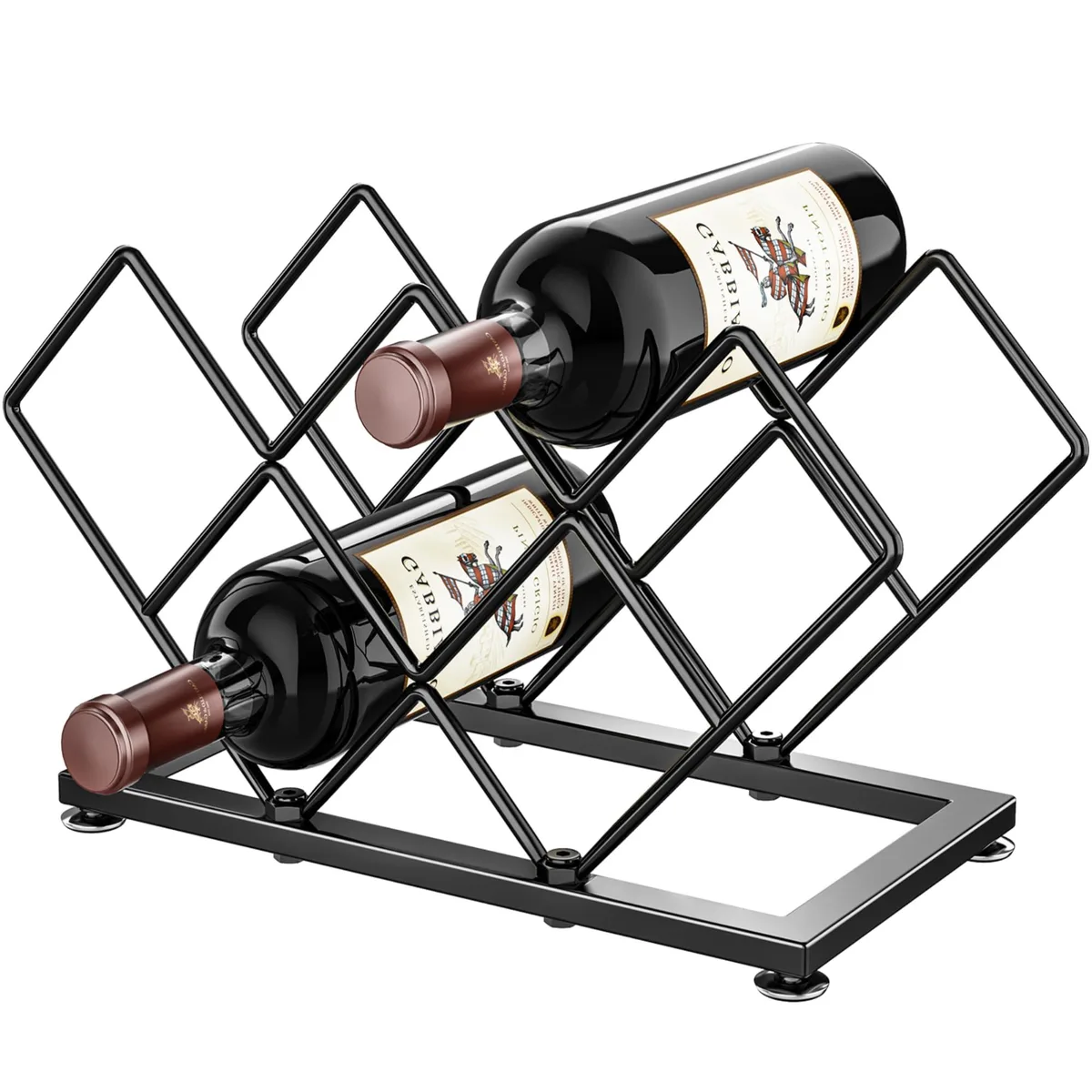Red metal countertop wine rack with two tiers holding seven bottles