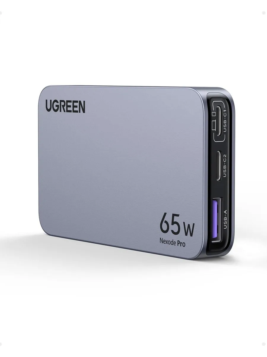 Flat white three-port GaN wall charger with foldable prongs