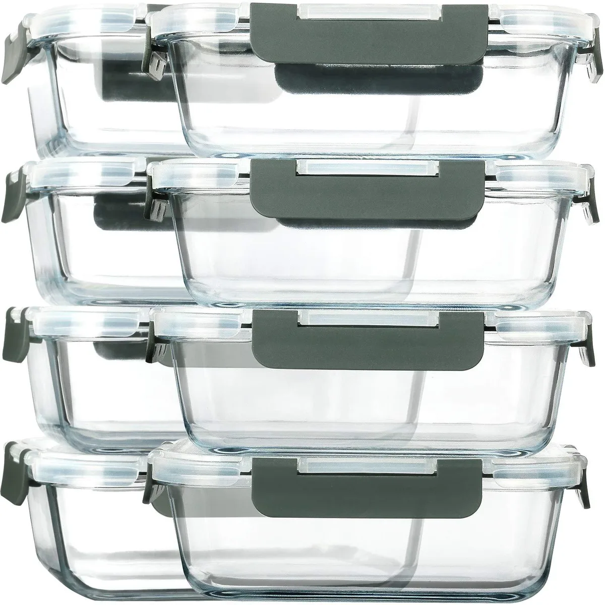 Eight rectangular red-lidded glass containers in a row