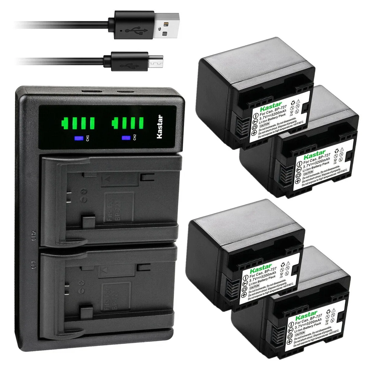 Kastar Kastar 4-Pack BP-727 Battery &amp; LTD2 USB Charger for Canon LEGRIA HF M78 M86 M88 M306 M406 M506 — product photo