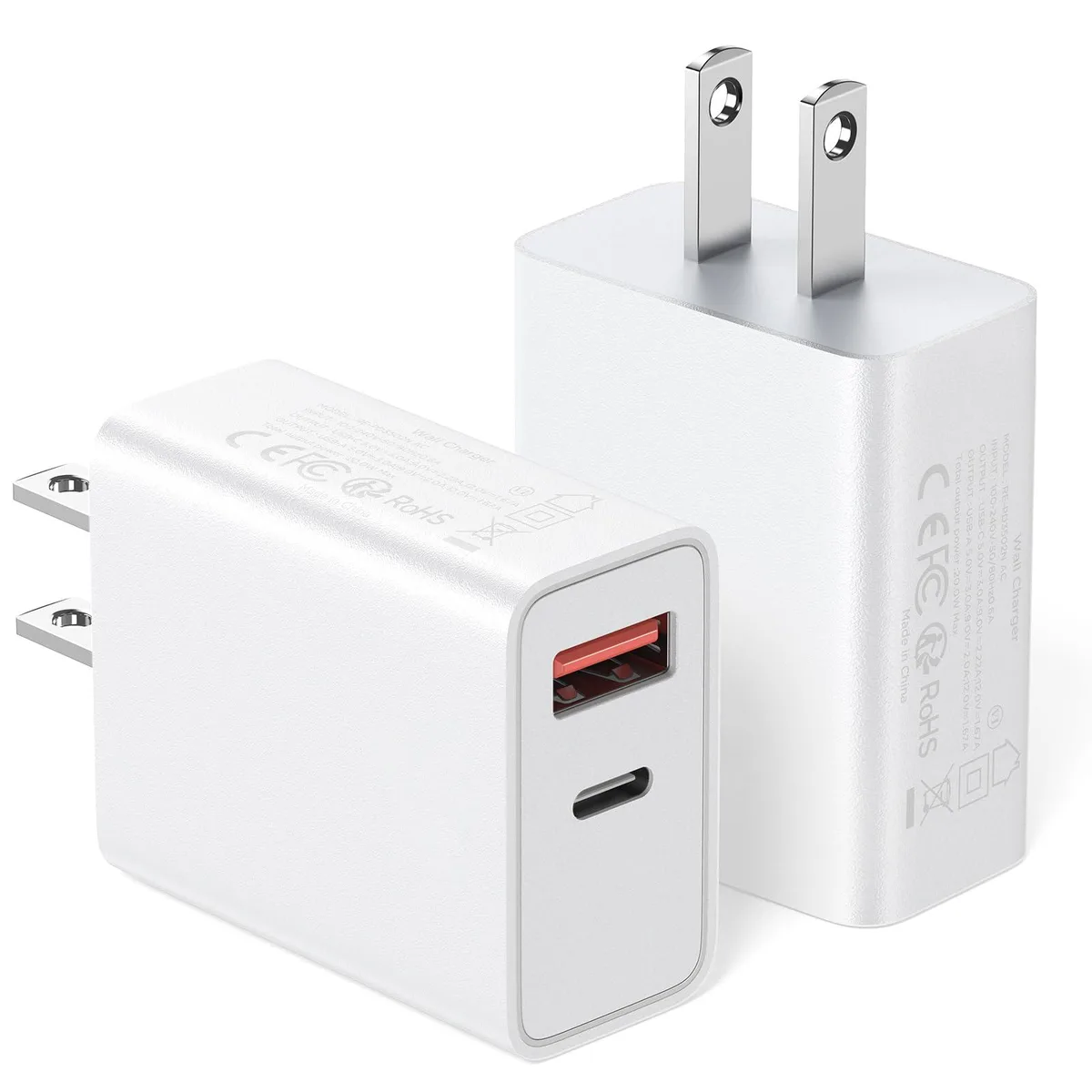 Two compact white cube wall chargers each with one USB-C and one USB-A port