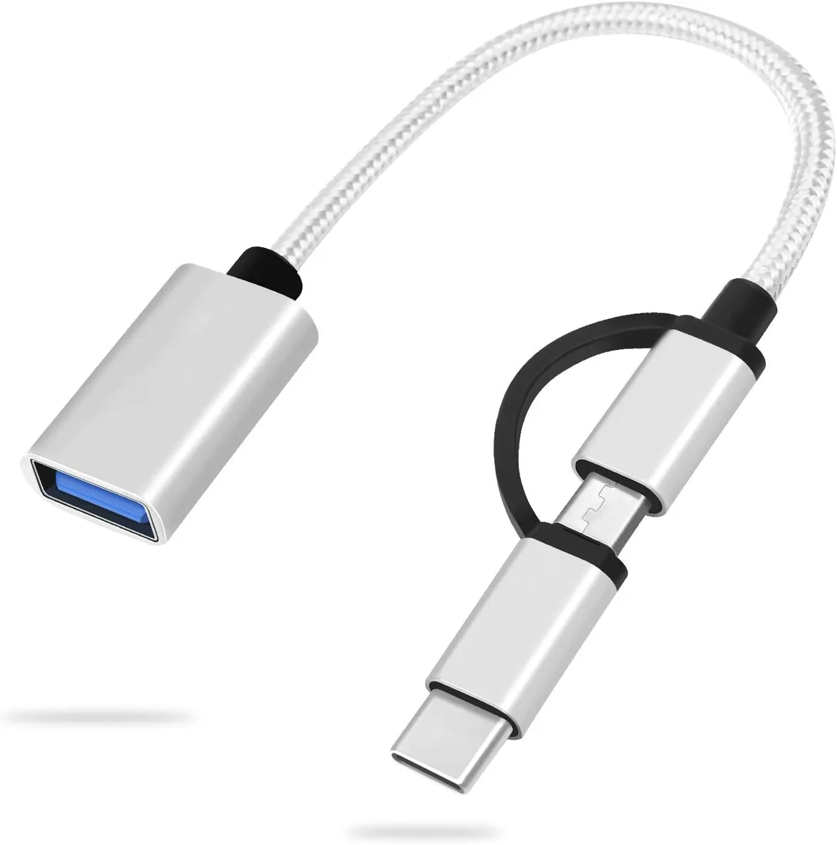 Short silver adapter cable with USB-C and micro USB plugs on one end and a USB-A socket on the other