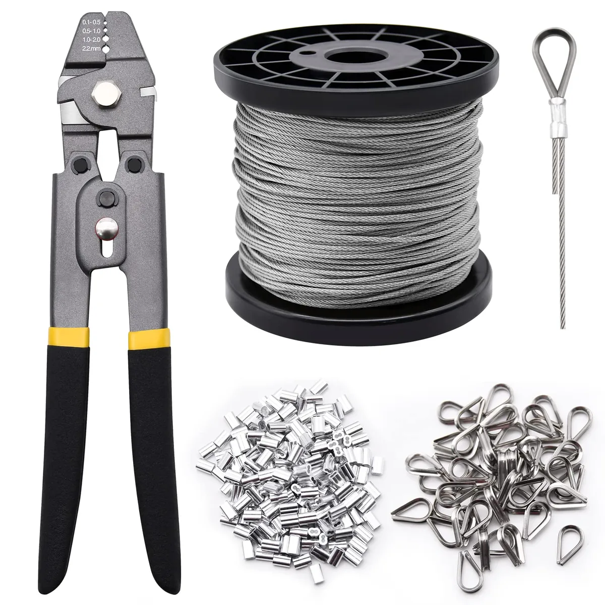  Wire Rope Crimping Tool Kit 1/16" × 328ft 304 Stainless Steel 200 Sleeves 50 Thimbles — product photo