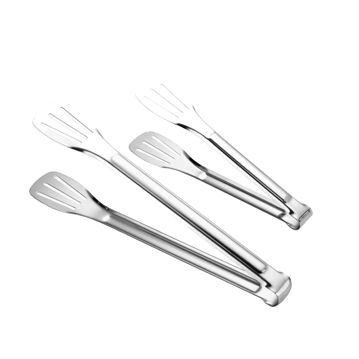 Two stainless steel kitchen tongs, seven and twelve inches, brushed finish, locking mechanism visible