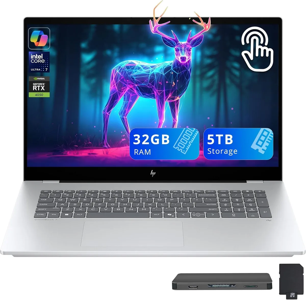 HP HP OmniBook 7 17.3" FHD Touchscreen Business Laptop, Ultra 7 258V, RTX 4050, 32GB DDR5, 4TB SSD, Silver — product photo
