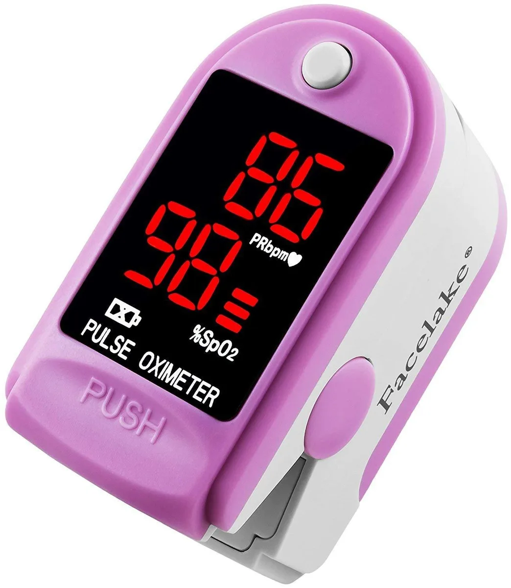 Pink fingertip pulse oximeter with red LED display, lanyard and carrying case