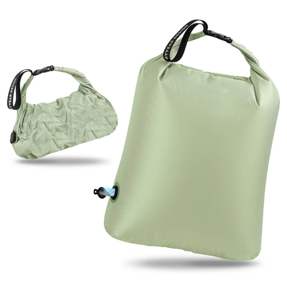 Green waterproof nylon travel laundry bag with roll-top closure and carry handle, 24x17x6 inches
