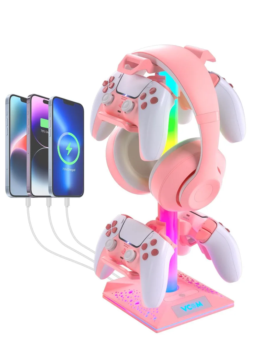  VCOM HJM701P Pink RGB Headphone Stand 10 Modes 3 USB Ports 1.2m Cable — product photo