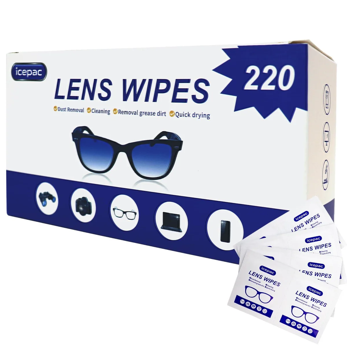 Box of 220 individually wrapped lens cleaning wipes