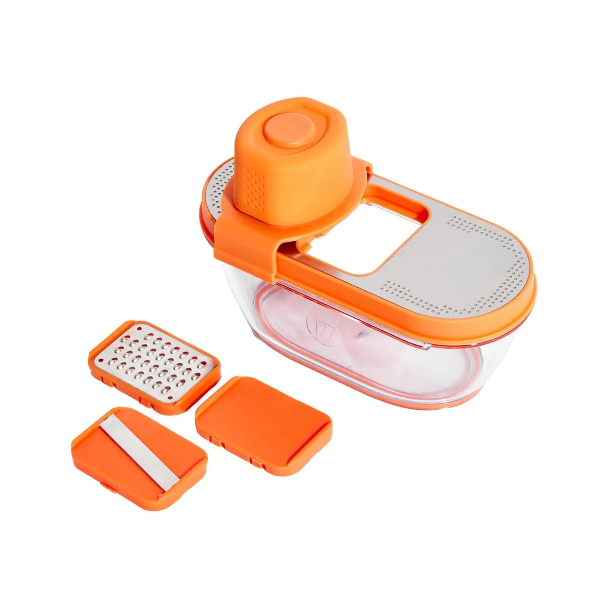 Orange garlic slicer and grater with hopper and storage base