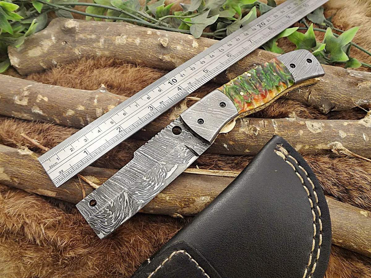 Damascus Depot Damascus Depot Tanto Folding Knife Green Orange 3.5in 7.5in — product photo
