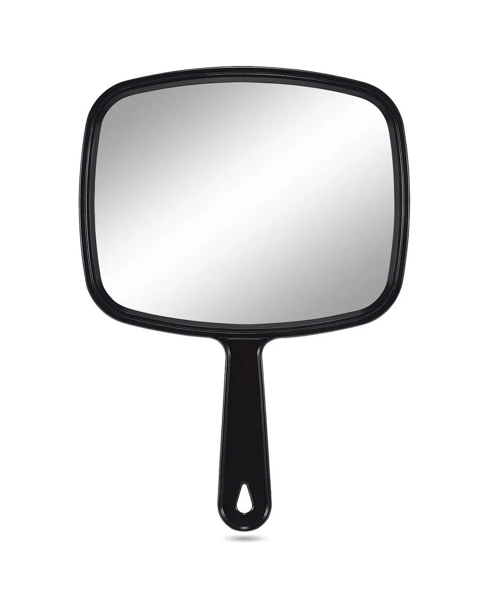 Black rectangular handheld mirror with plastic frame and handle, 10.3 by 7.4 inches