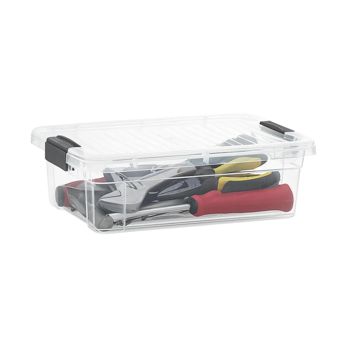 Clear plastic storage bin with black lid, 12 by 8.25 by 4 inches