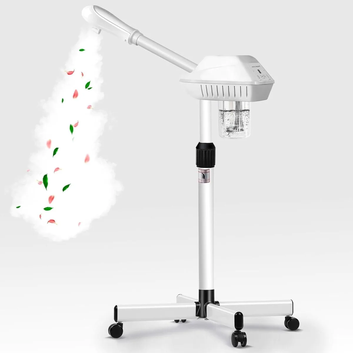 White wheeled facial steamer with adjustable arm and rotating nozzle