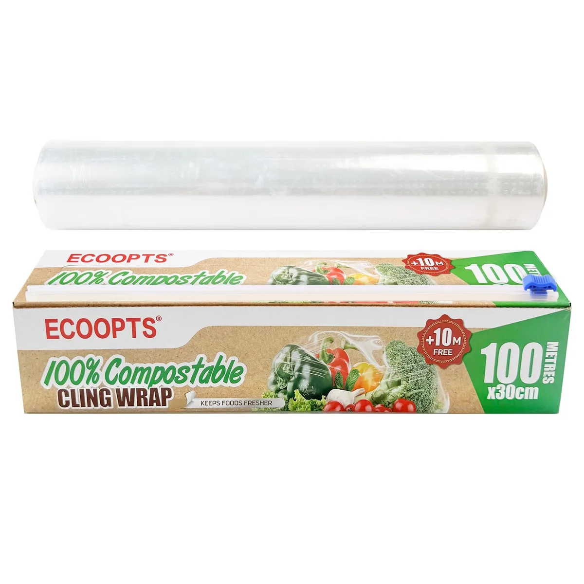 Transparent compostable cling wrap roll with slide cutter stored in core