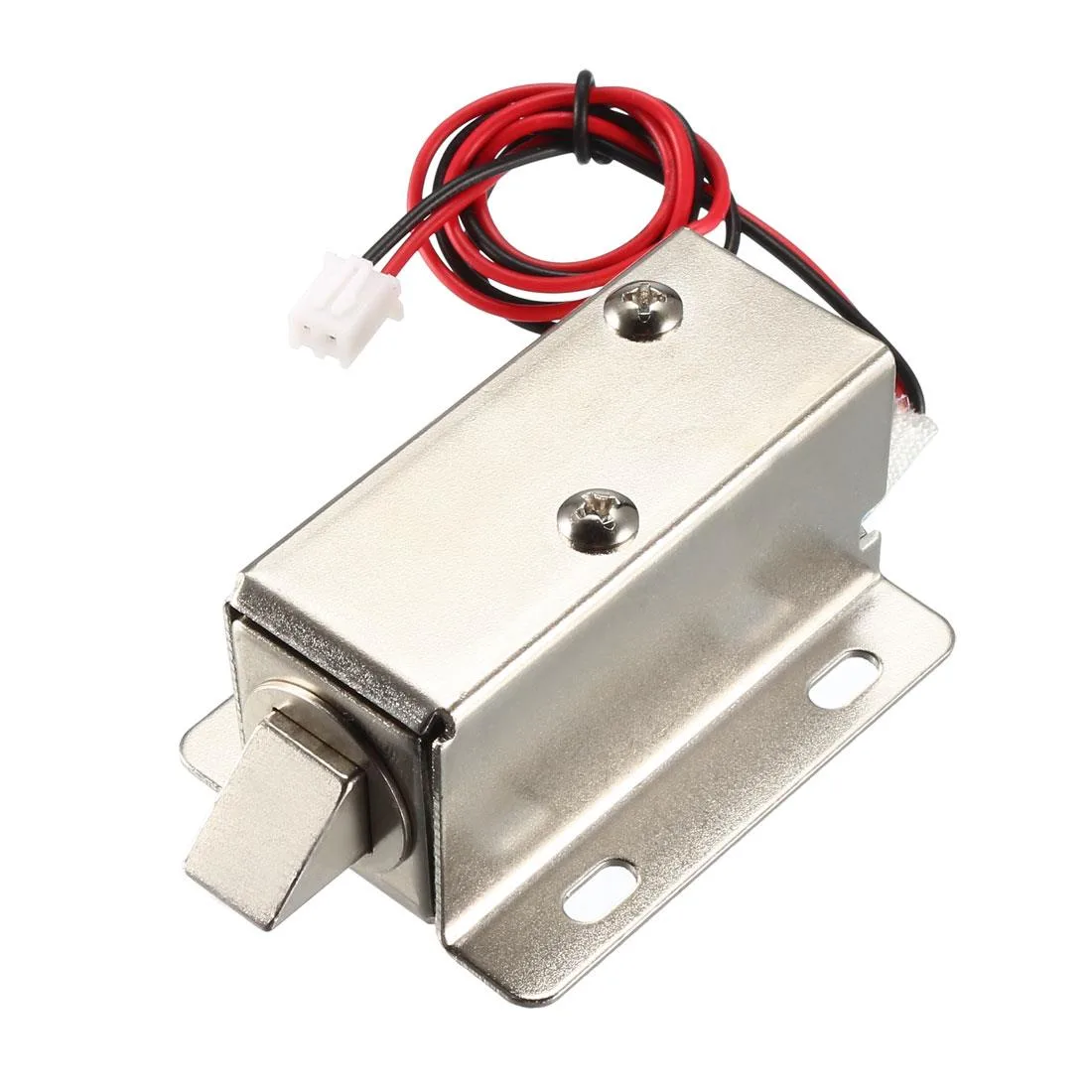 Rectangular silver solenoid lock body with extended plunger and two wires