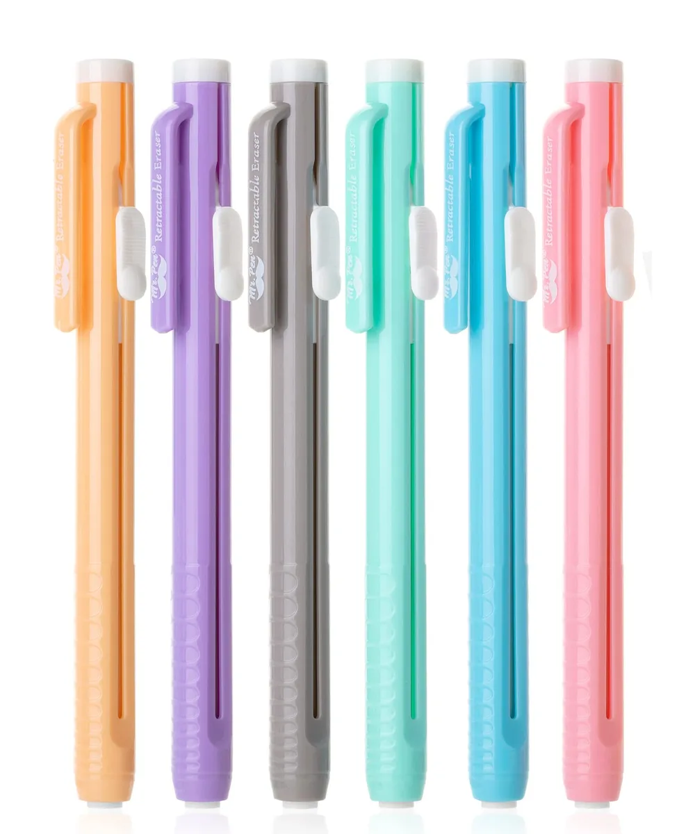 Six pastel retractable eraser pens with rubber finish