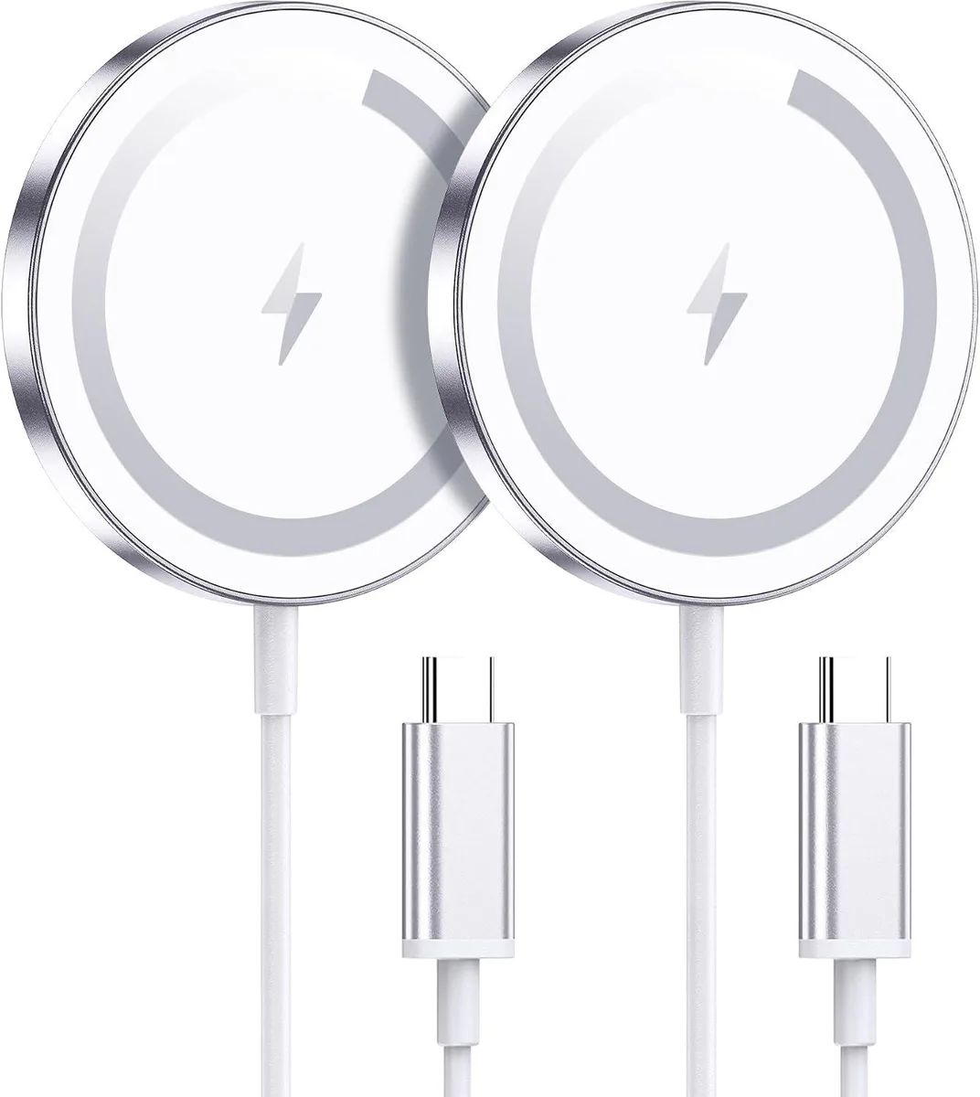 Two silver magnetic wireless charging pads
