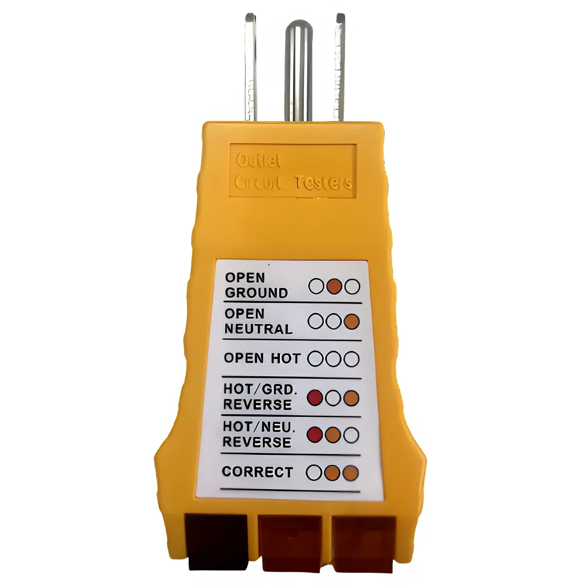 Compact yellow outlet tester with three-prong plug and three LED indicator lights