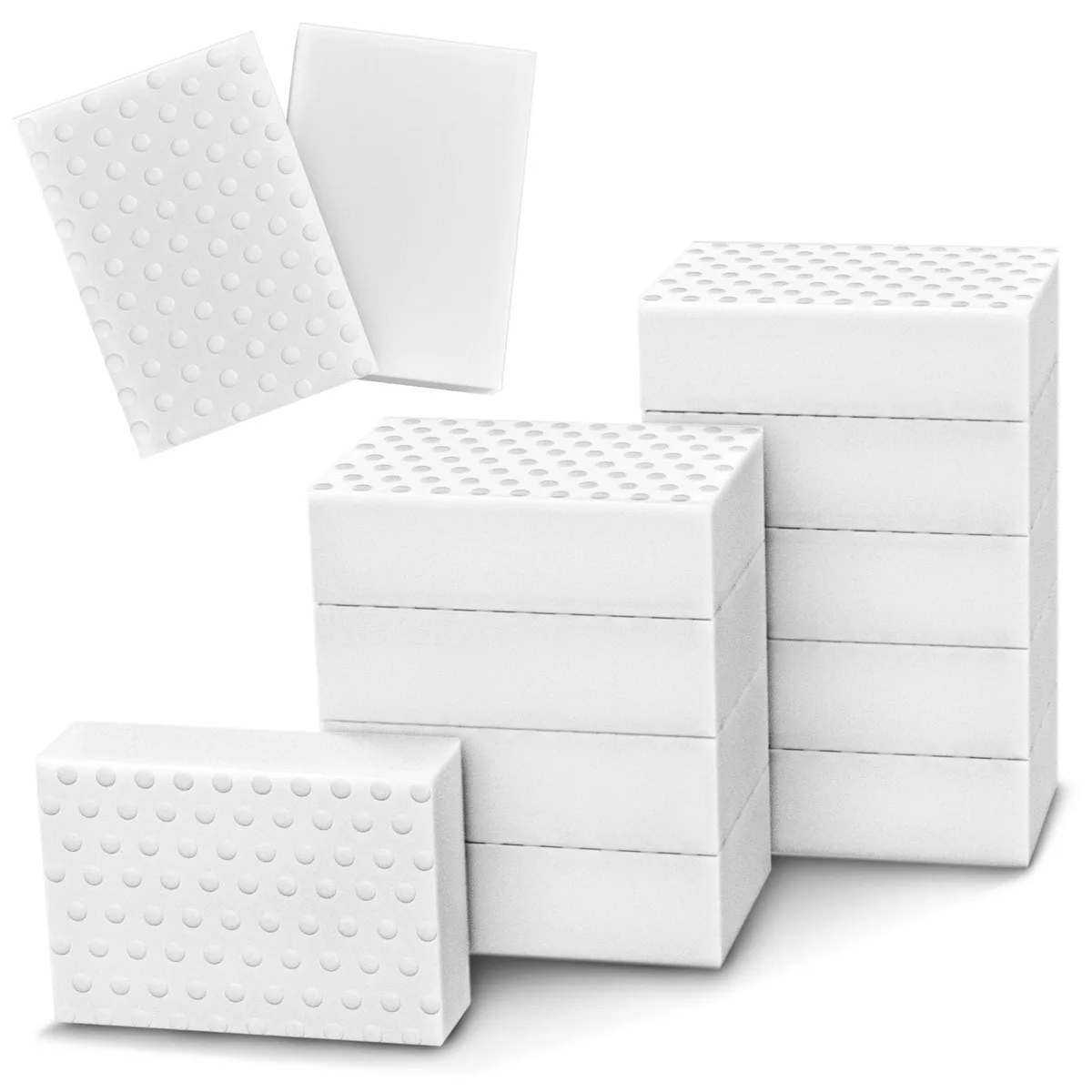 Ten white rectangular melamine sponges in a bulk pack, each about 3.9 by 2.5 by 1.1 inches