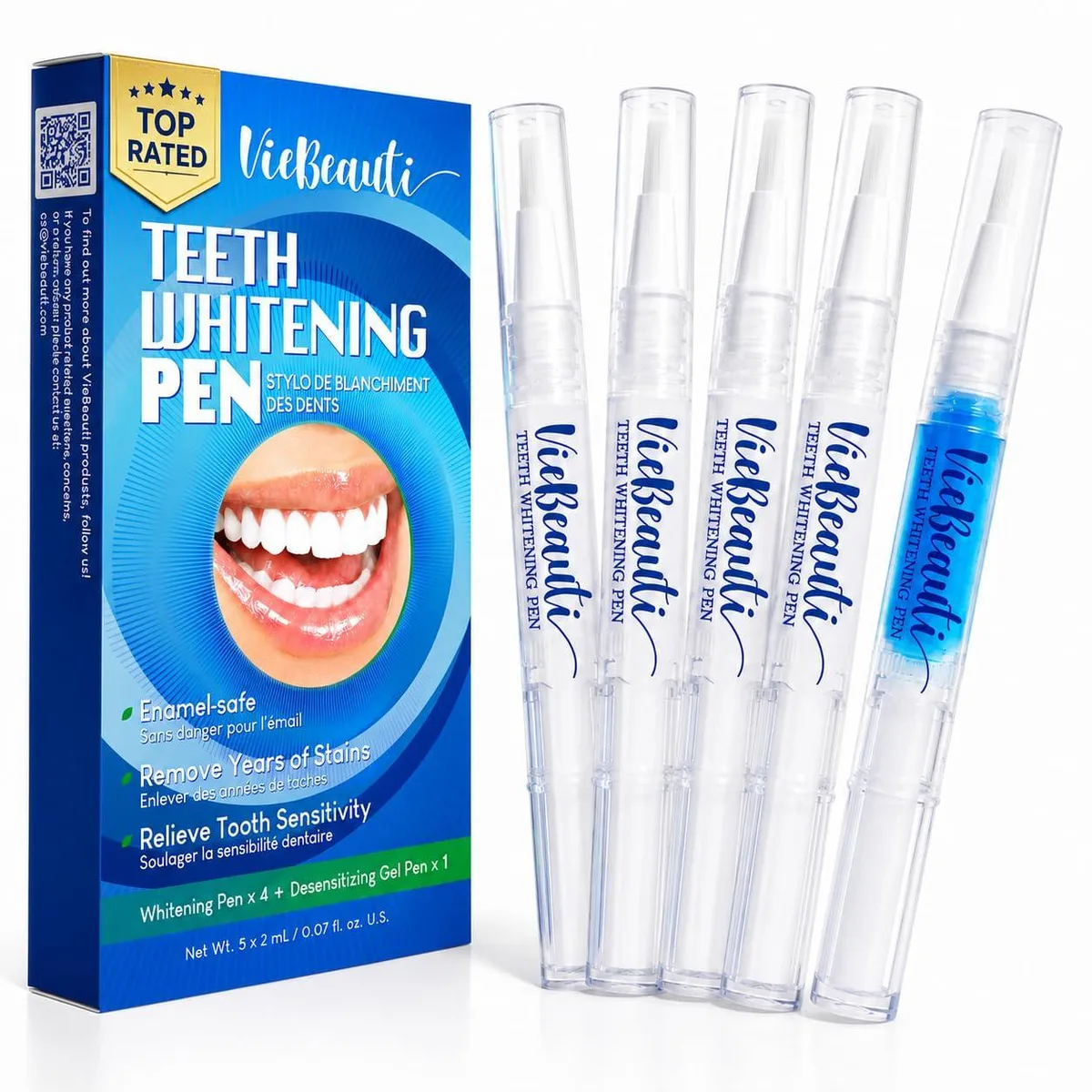 White box containing five slim mint-flavoured whitening pens with brush tips