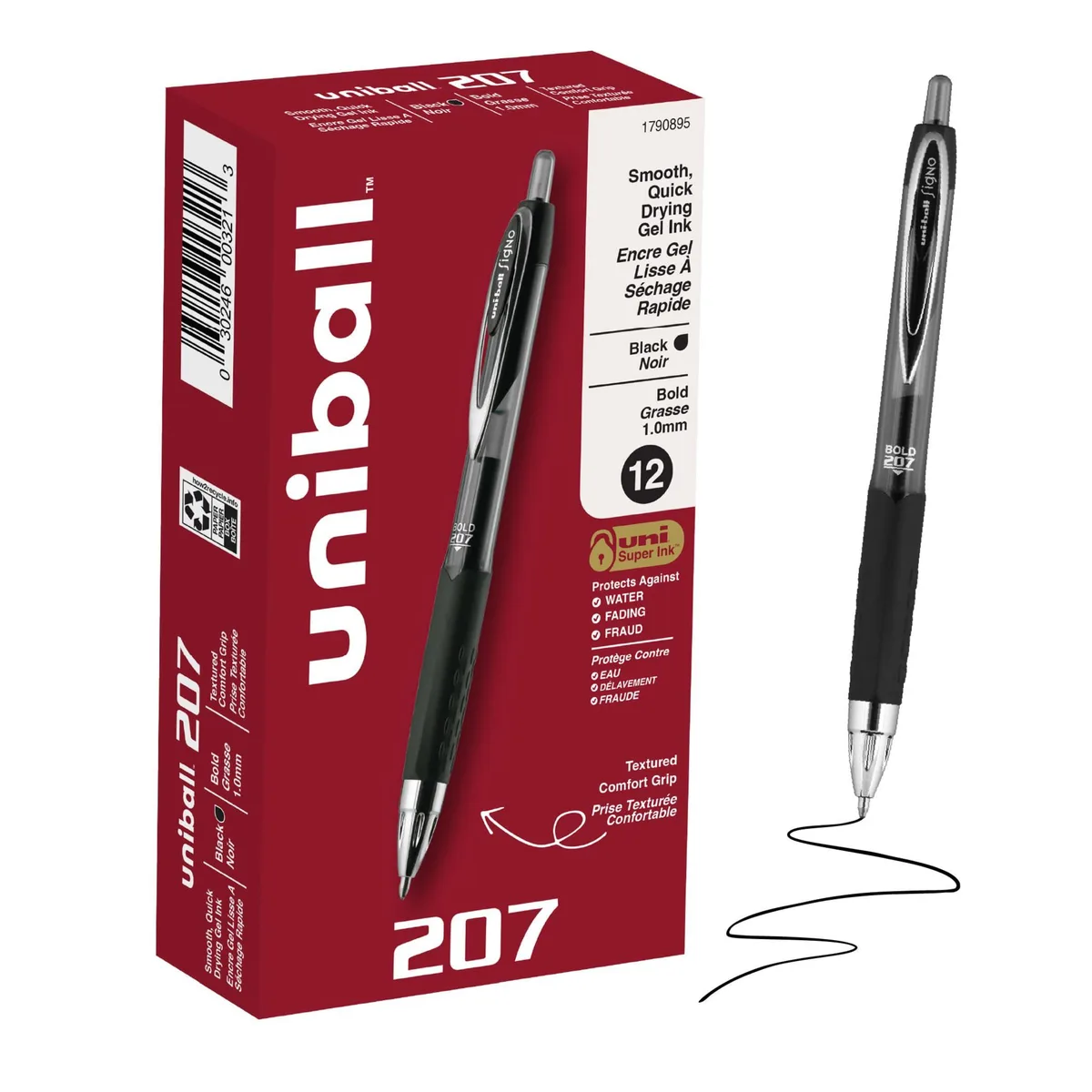 Twelve black retractable gel pens with rubber grips and clips