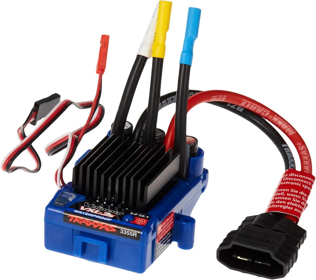 Small rectangular black electronic speed controller with gold bullet connectors and flexible wires