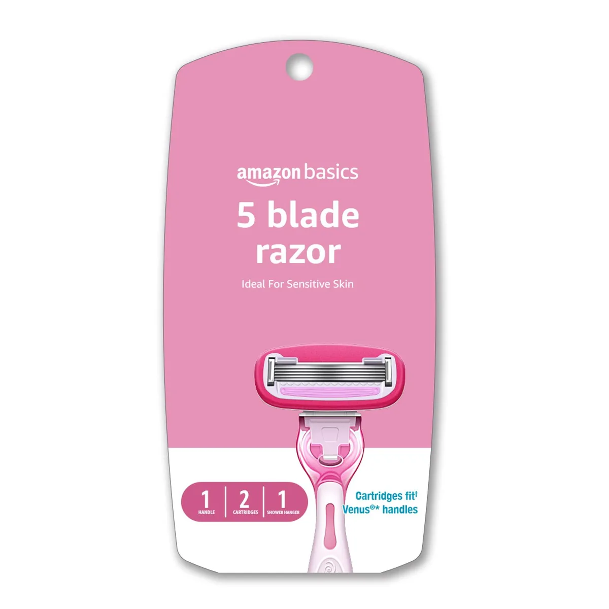 Pink women's razor handle with two cartridges and shower hanger