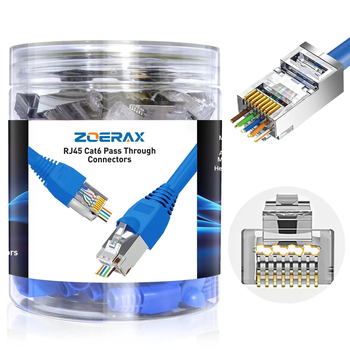 50 Pack Cat 6A Shielded Pass Through RJ45 Connectors with Strain Relief Boots — product photo
